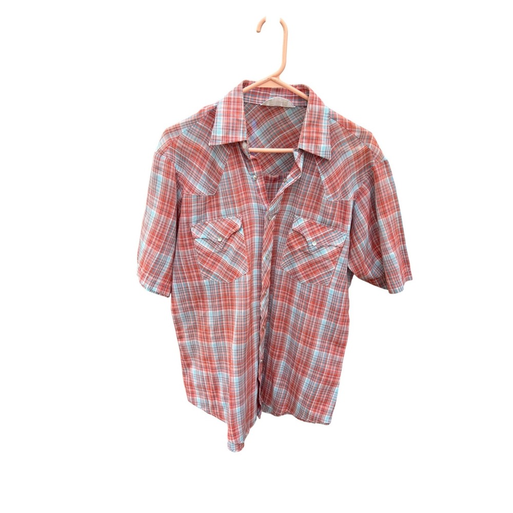 Montgomery Ward Western Shirt Plaid Red Blue Pearl Snap Short Sleeve Medium